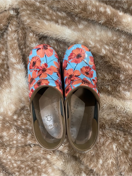 Dansko Shoes - Dansko Floral Slip-On Clogs in Blue and Orange